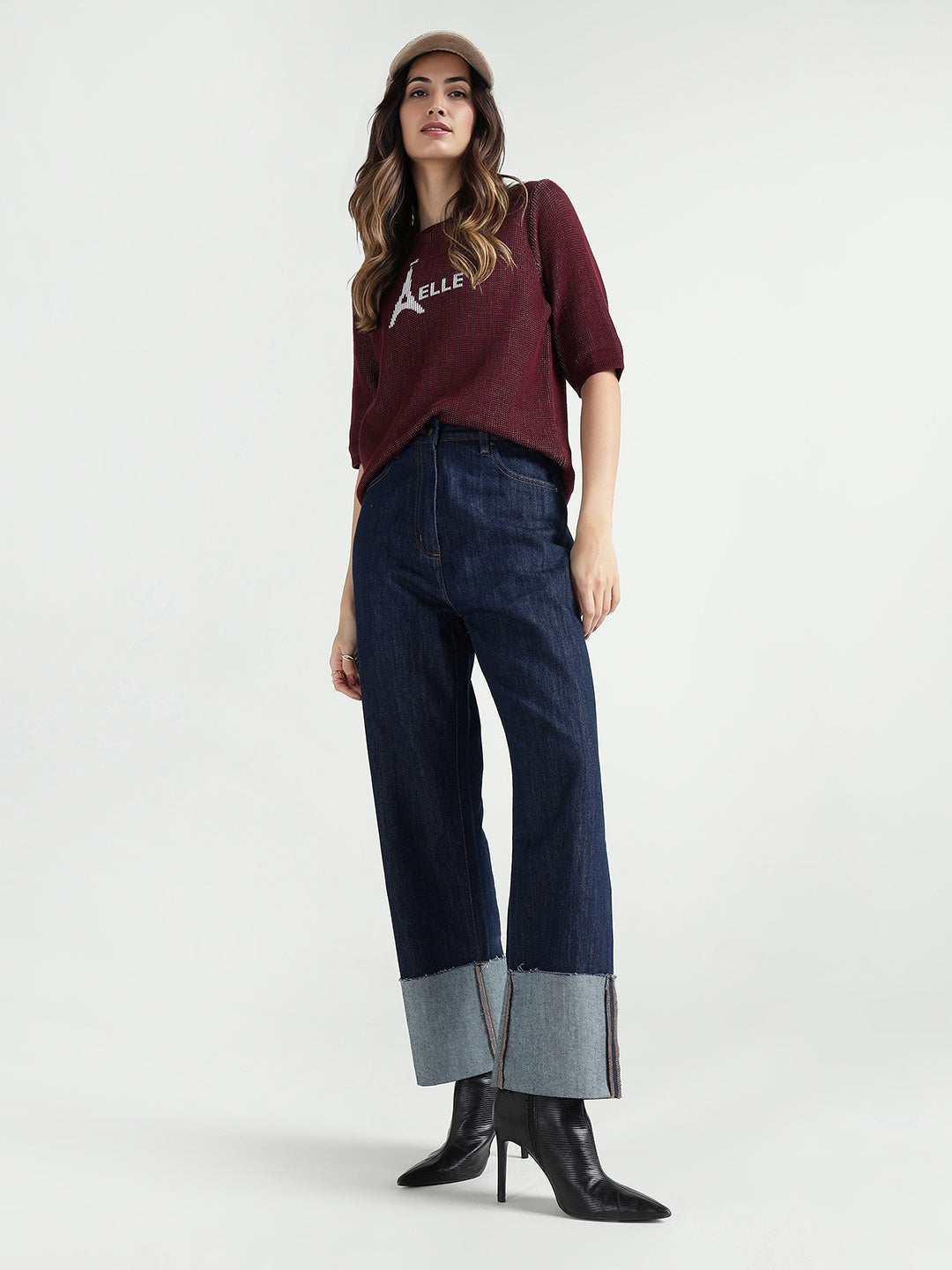 Elle Women Red Knitted Round Neck Tshirt