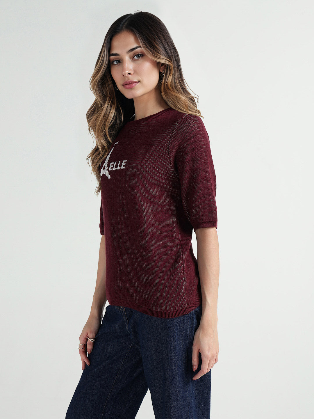 Elle Women Red Knitted Round Neck Tshirt
