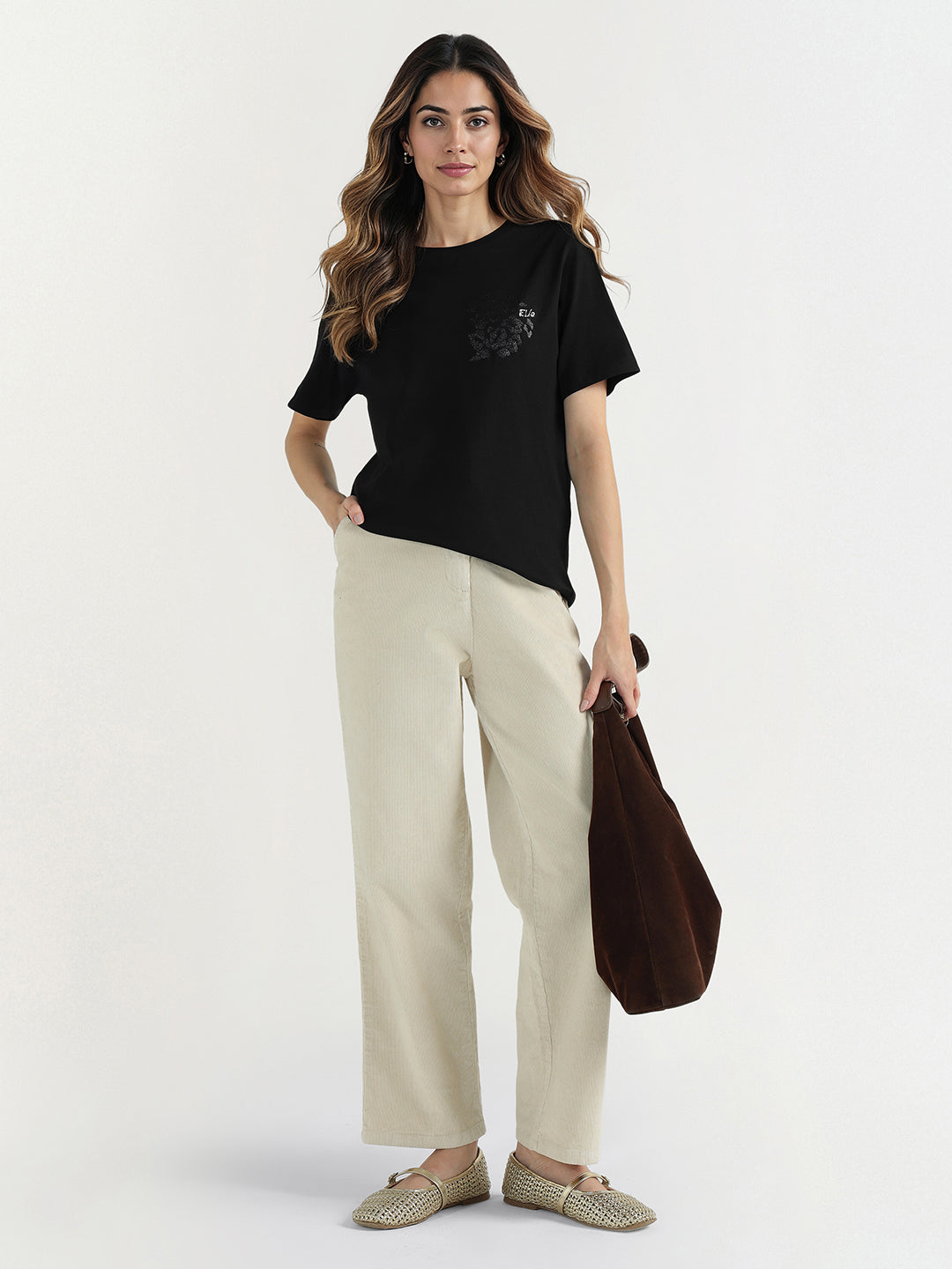 Elle Women Black Solid Crew Neck Tshirt