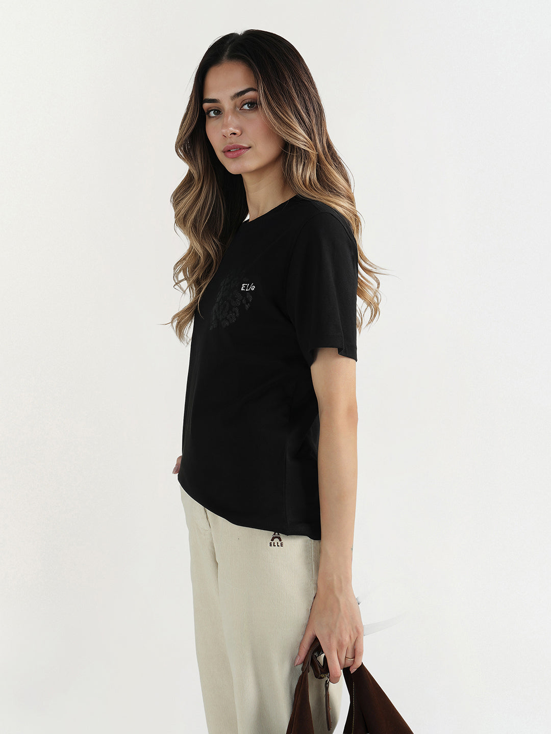 Elle Women Black Solid Crew Neck Tshirt