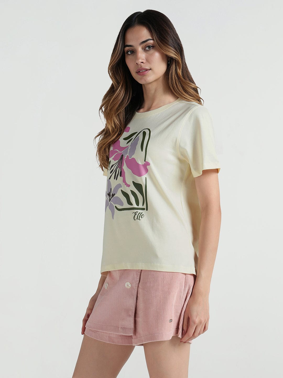 Elle Women Cream Printed Crew Neck Tshirt