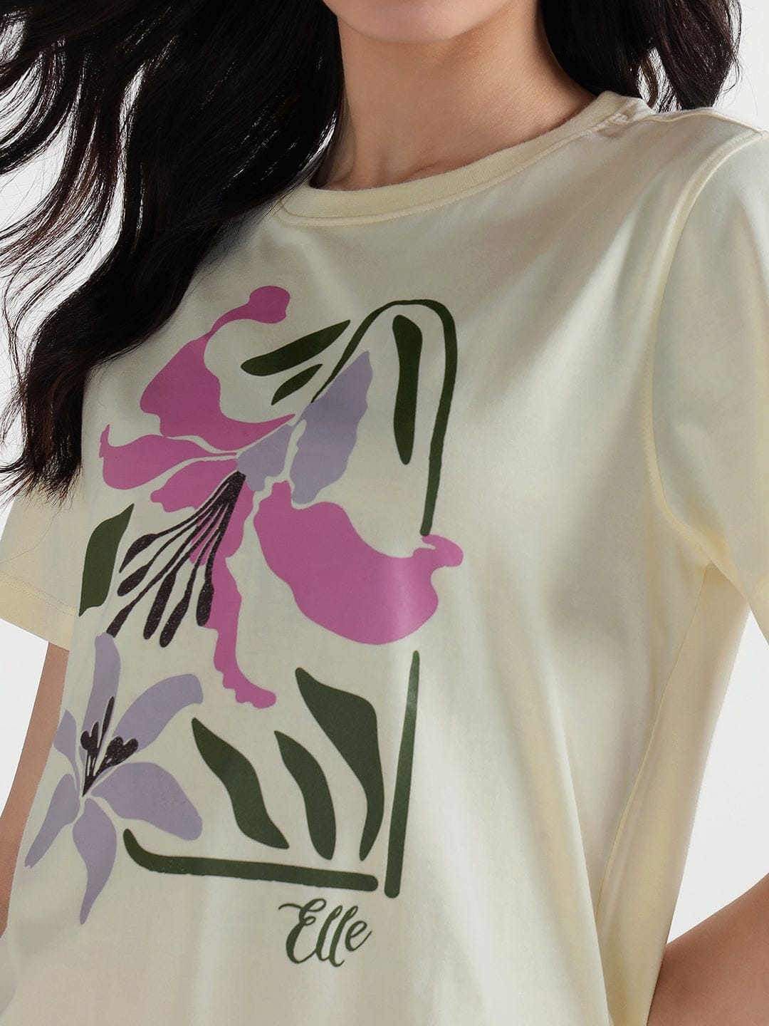 Elle Women Cream Printed Crew Neck Tshirt
