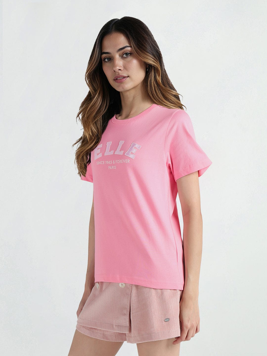Elle Women Pink Solid Crew Neck Tshirt