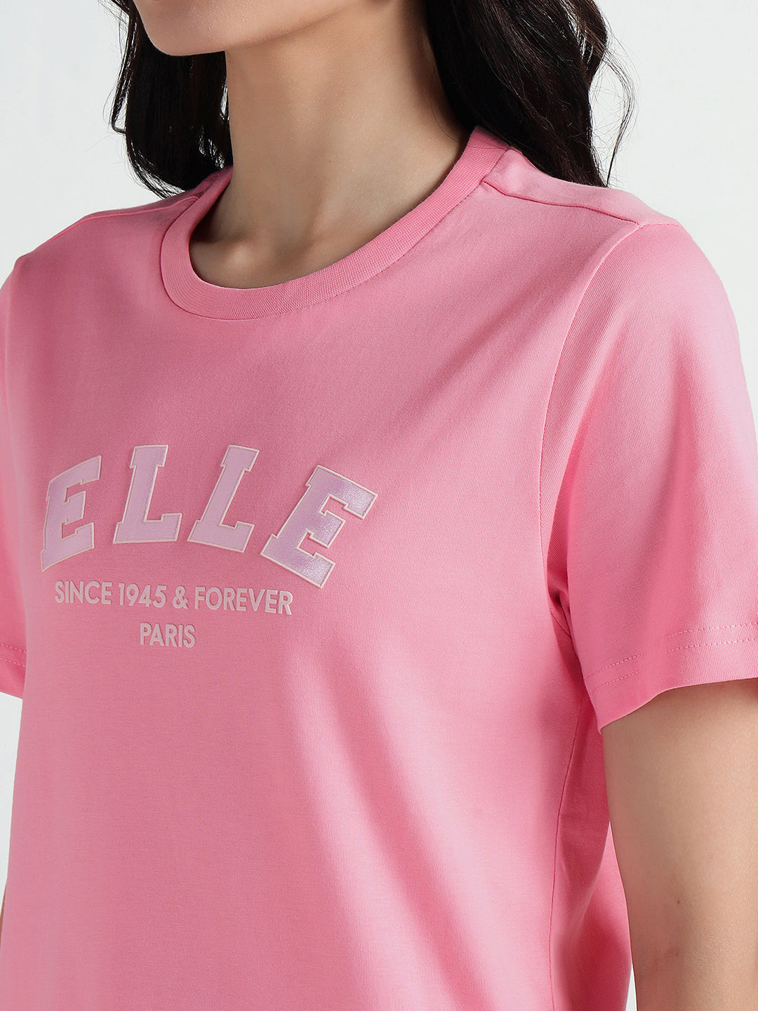 Elle Women Pink Solid Crew Neck Tshirt