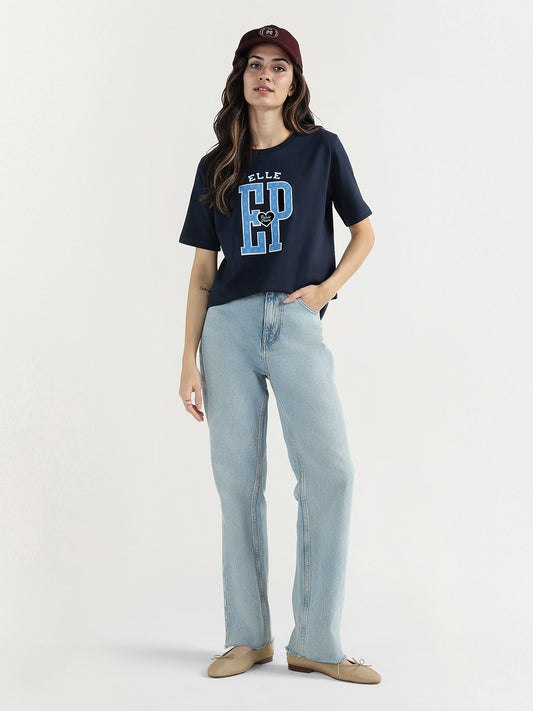 Elle Women Blue Graphic Crew Neck Tshirt