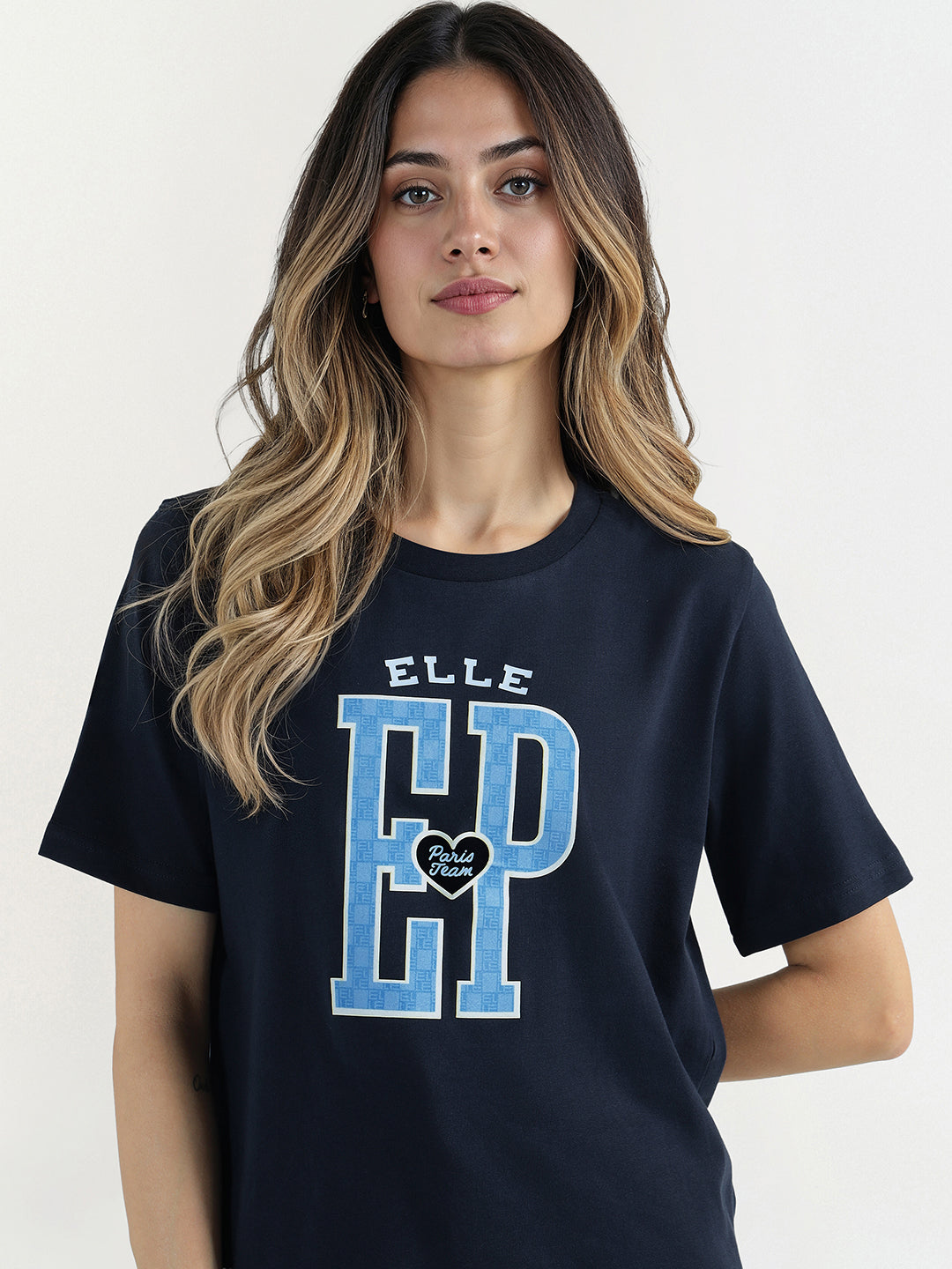 Elle Women Blue Graphic Crew Neck Tshirt