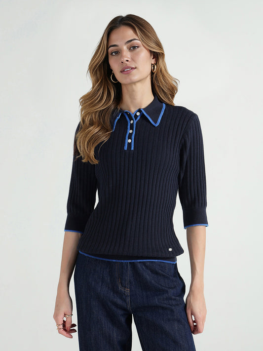 Elle Women Blue Ribbed Collar Tshirt