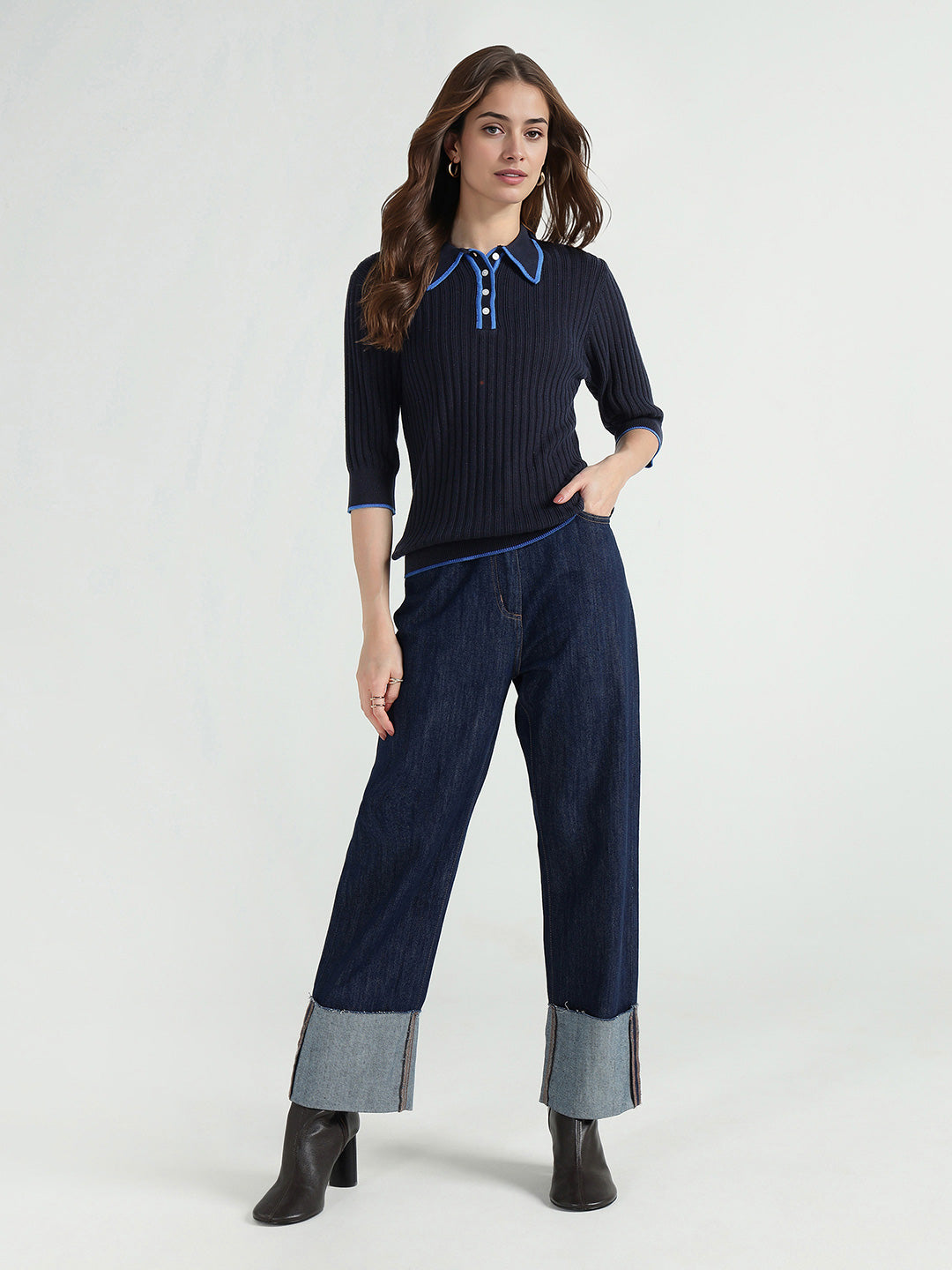 Elle Women Blue Ribbed Collar Tshirt