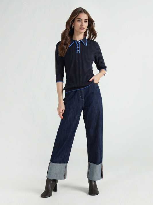 Elle Women Blue Ribbed Collar Tshirt