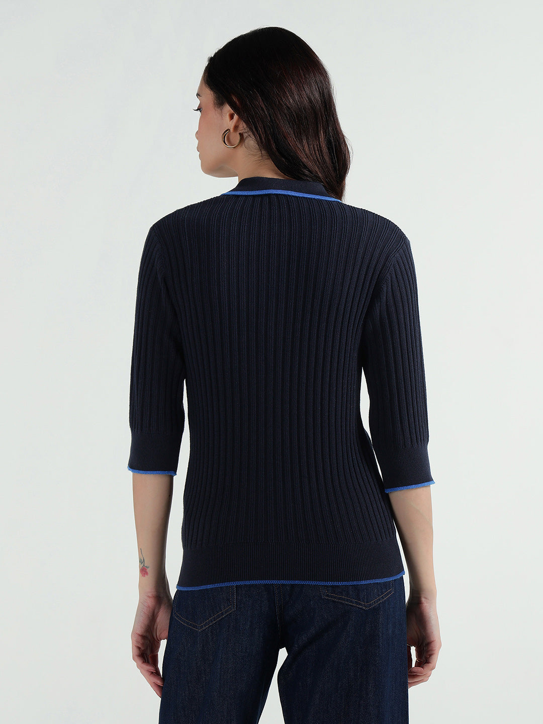 Elle Women Blue Ribbed Collar Tshirt