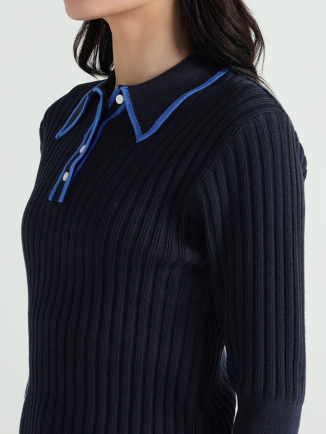 Elle Women Blue Ribbed Collar Tshirt