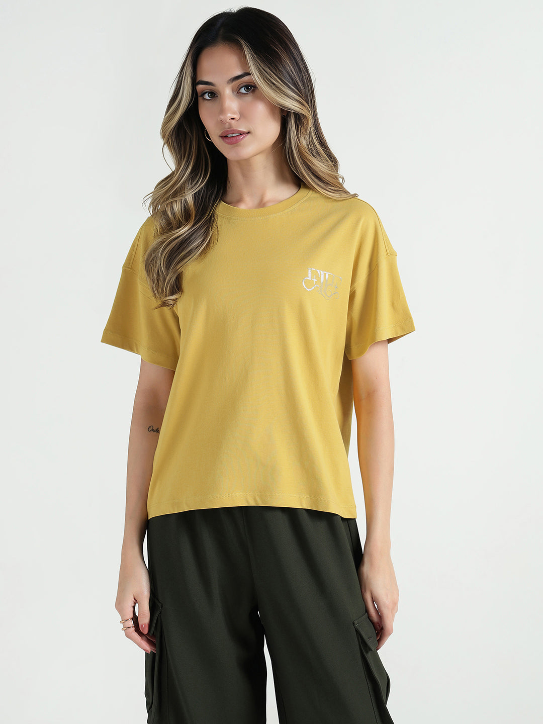 Elle Women Yellow Embellished Crew Neck Tshirt