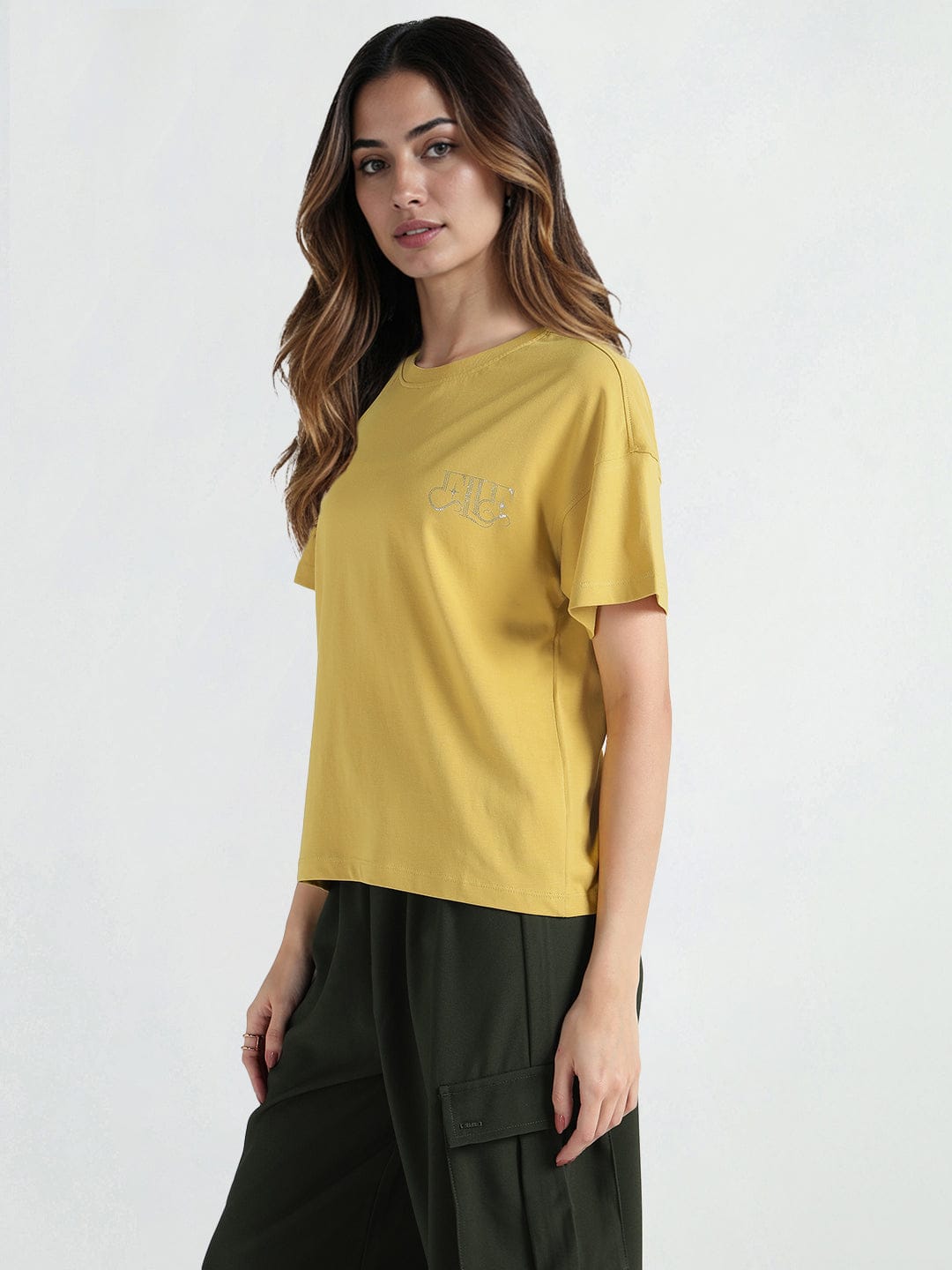 Elle Women Yellow Embellished Crew Neck Tshirt