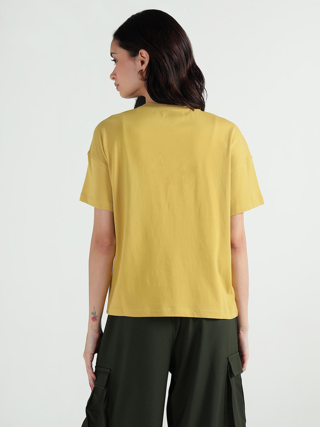 Elle Women Yellow Embellished Crew Neck Tshirt
