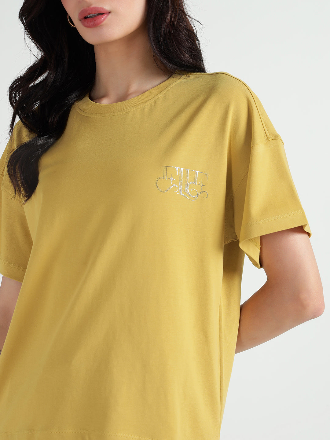 Elle Women Yellow Embellished Crew Neck Tshirt