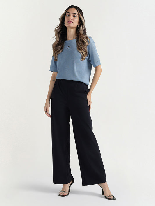 Elle Women Blue Textured Round Neck Tshirt