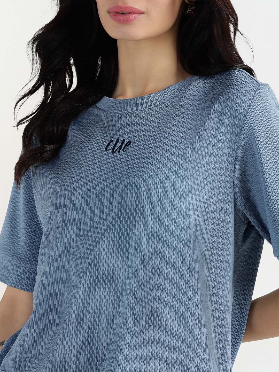 Elle Women Blue Textured Round Neck Tshirt