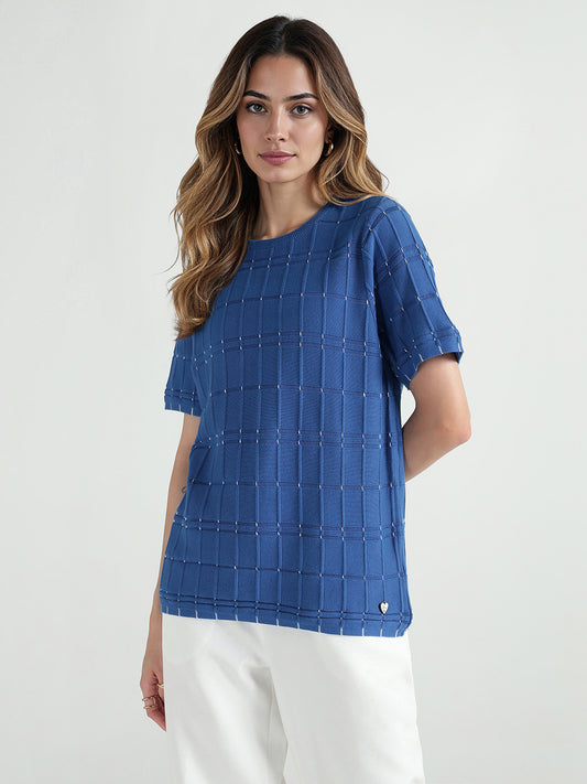 Elle Women Blue Textured Crew Neck Tshirt