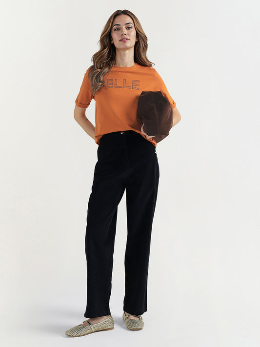 Elle Women Brown Graphic Crew Neck Tshirt