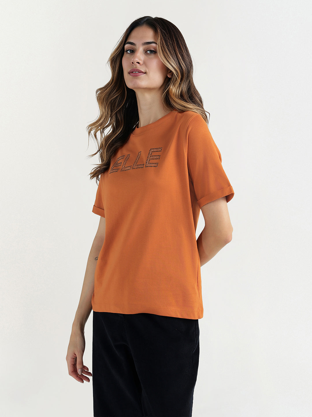 Elle Women Brown Graphic Crew Neck Tshirt