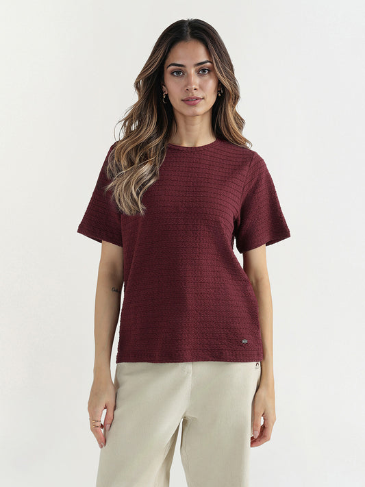 Elle Women Red Plain Crew Neck Tshirt