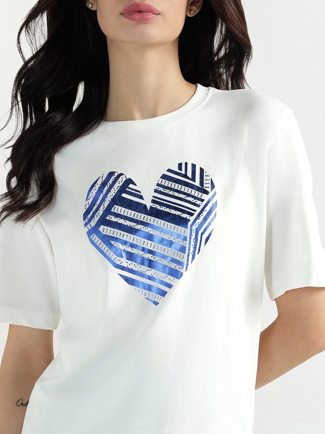Elle Women White Graphic Crew Neck Tshirt