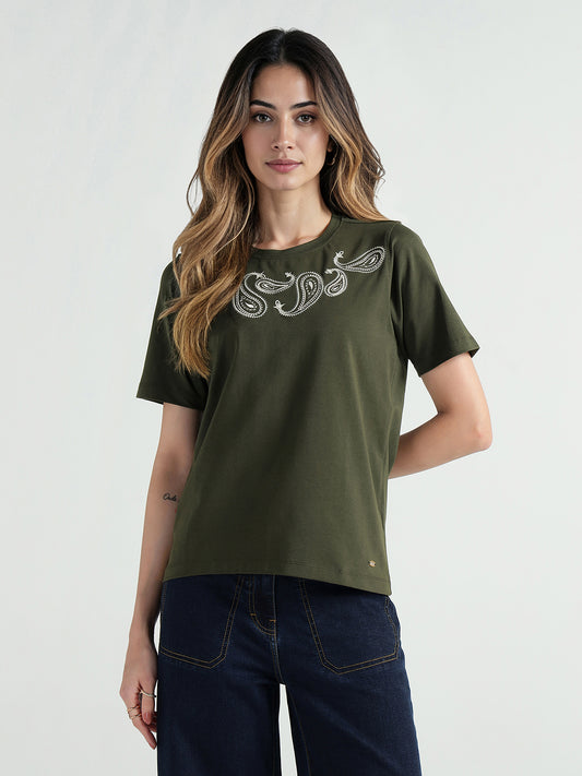 Elle Women Green Solid Round Neck Tshirt