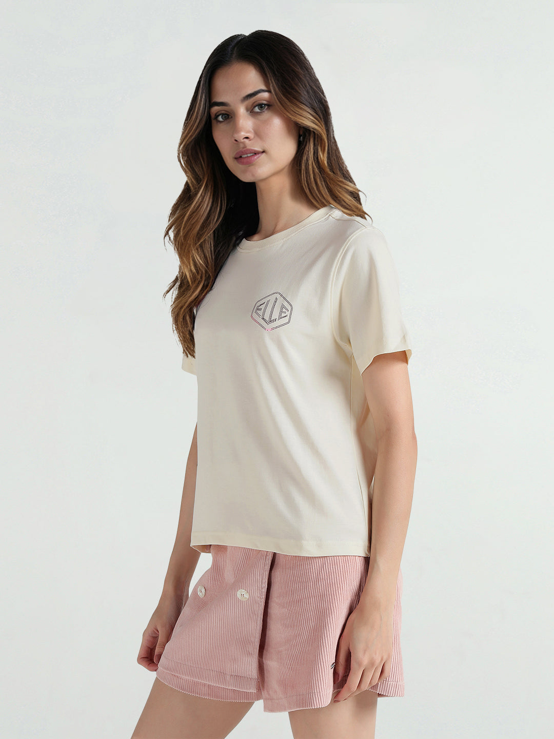 Elle Women Cream Knitted Crew Neck Tshirt