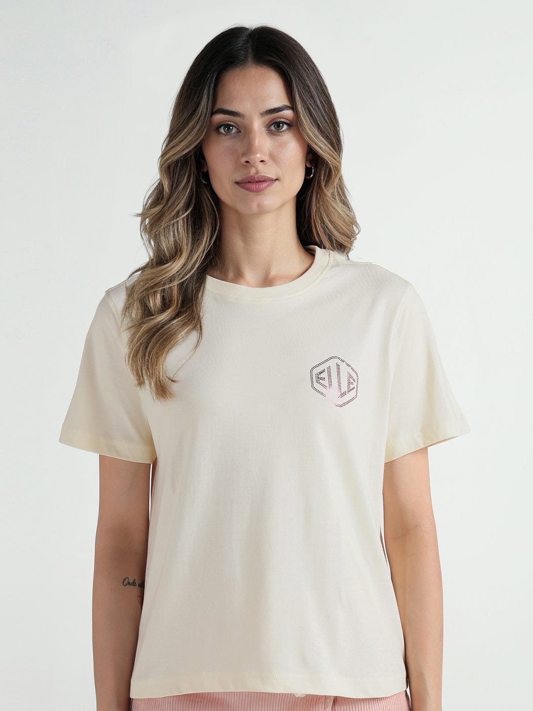 Elle Women Cream Knitted Crew Neck Tshirt