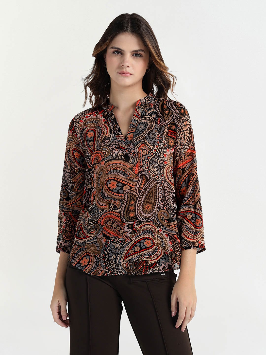 Elle Women Brown V Neck Top