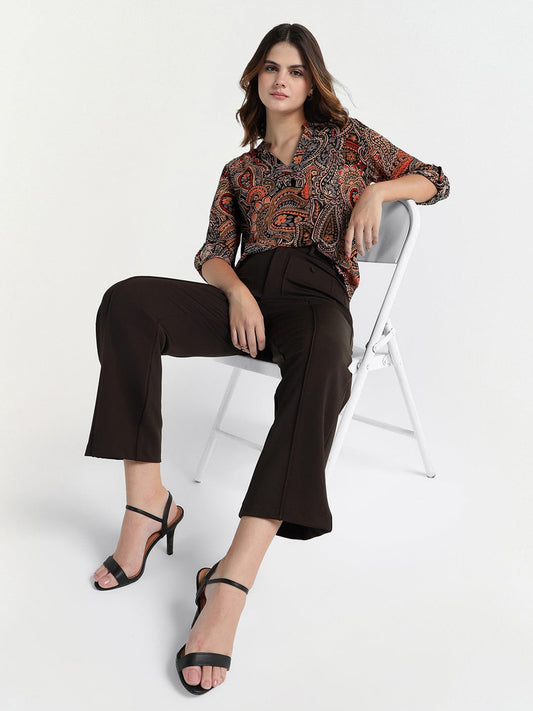 Elle Women Brown V Neck Top