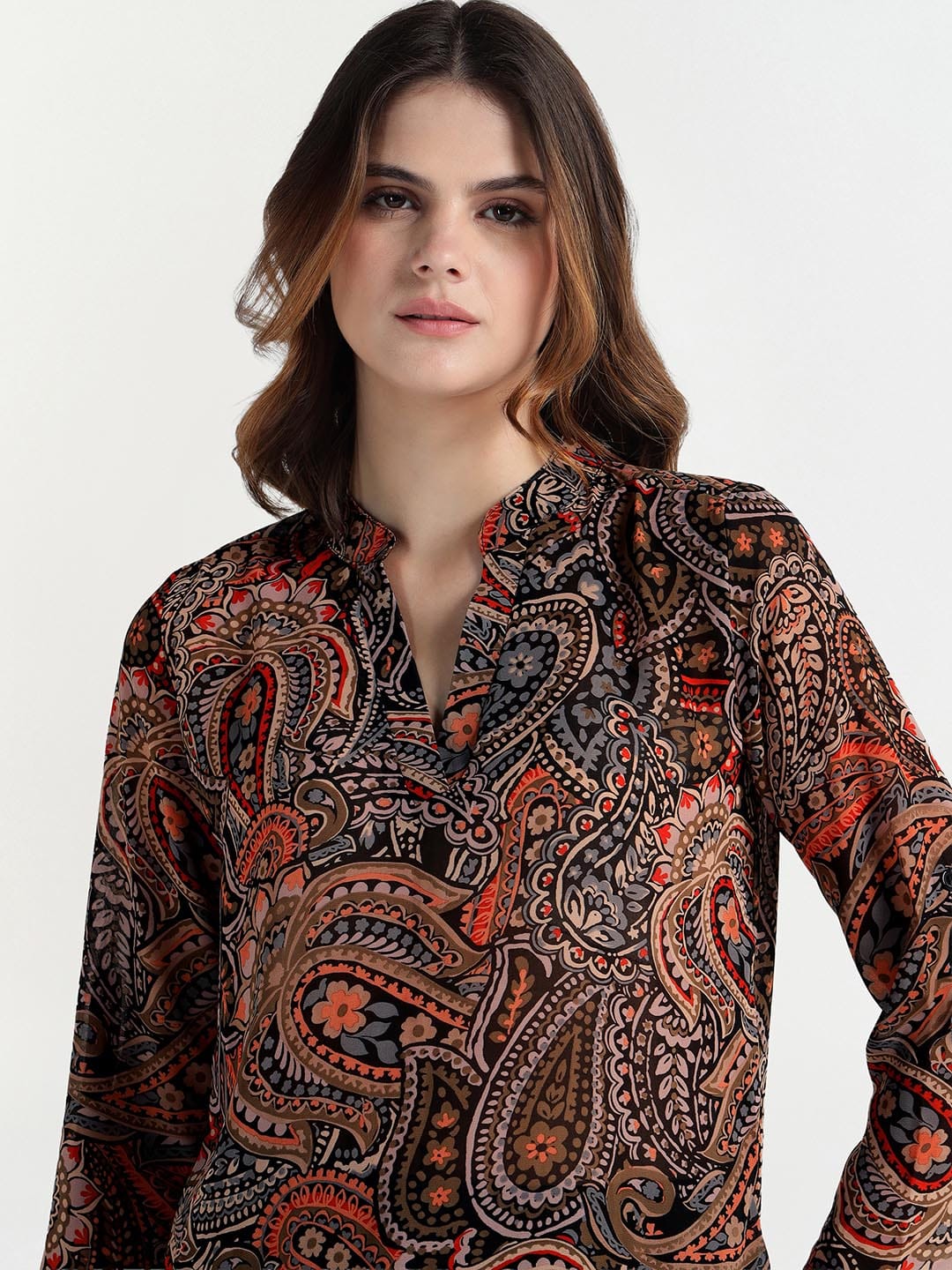 Elle Women Brown V Neck Top