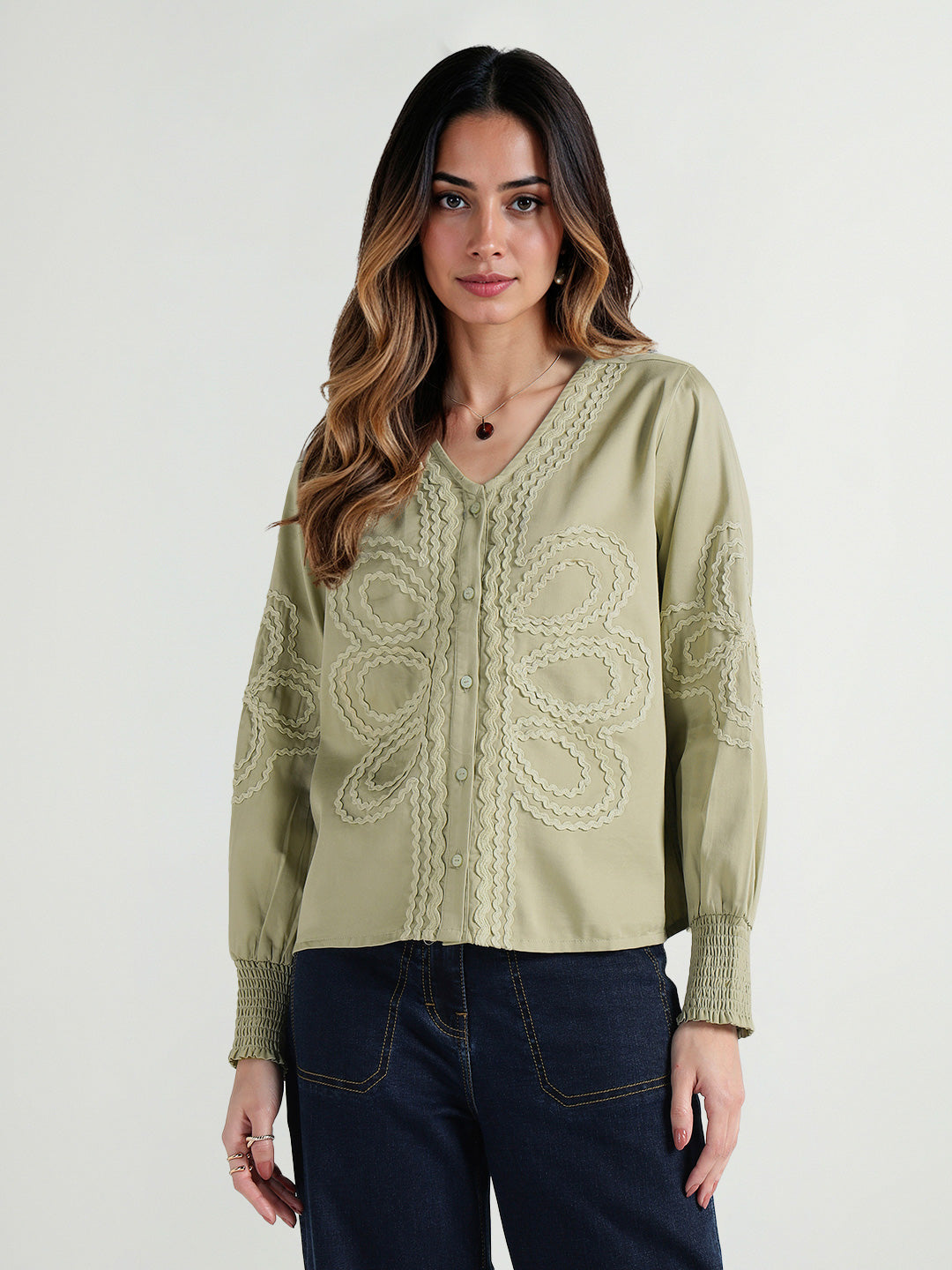 Elle Women Green Embroidered Band Collar Top