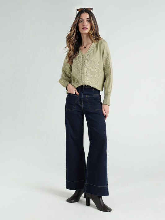 Elle Women Green Embroidered Band Collar Top