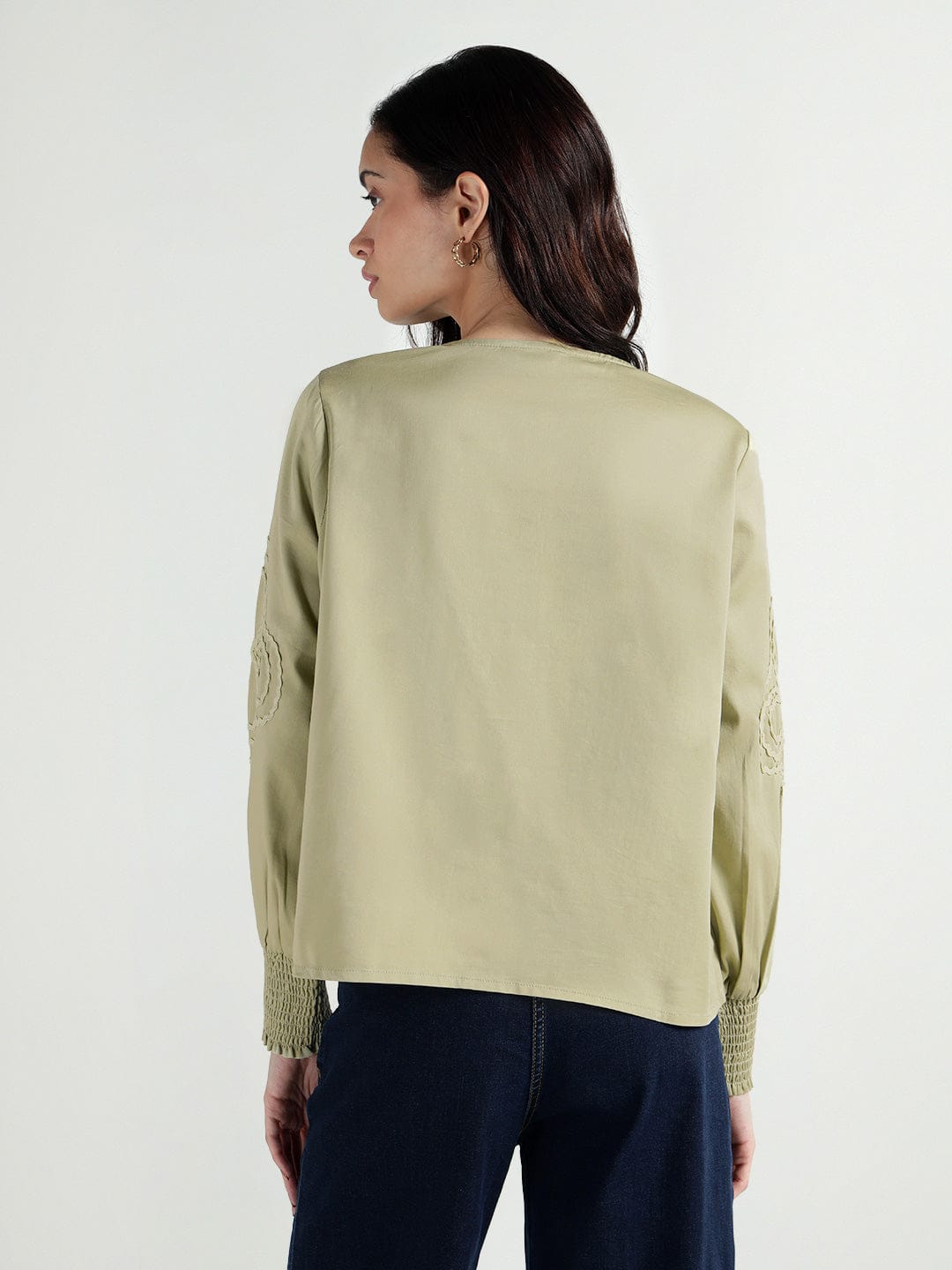 Elle Women Green Embroidered Band Collar Top