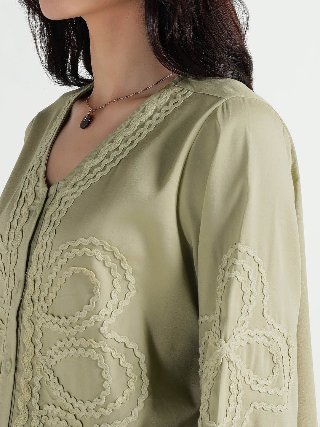 Elle Women Green Embroidered Band Collar Top