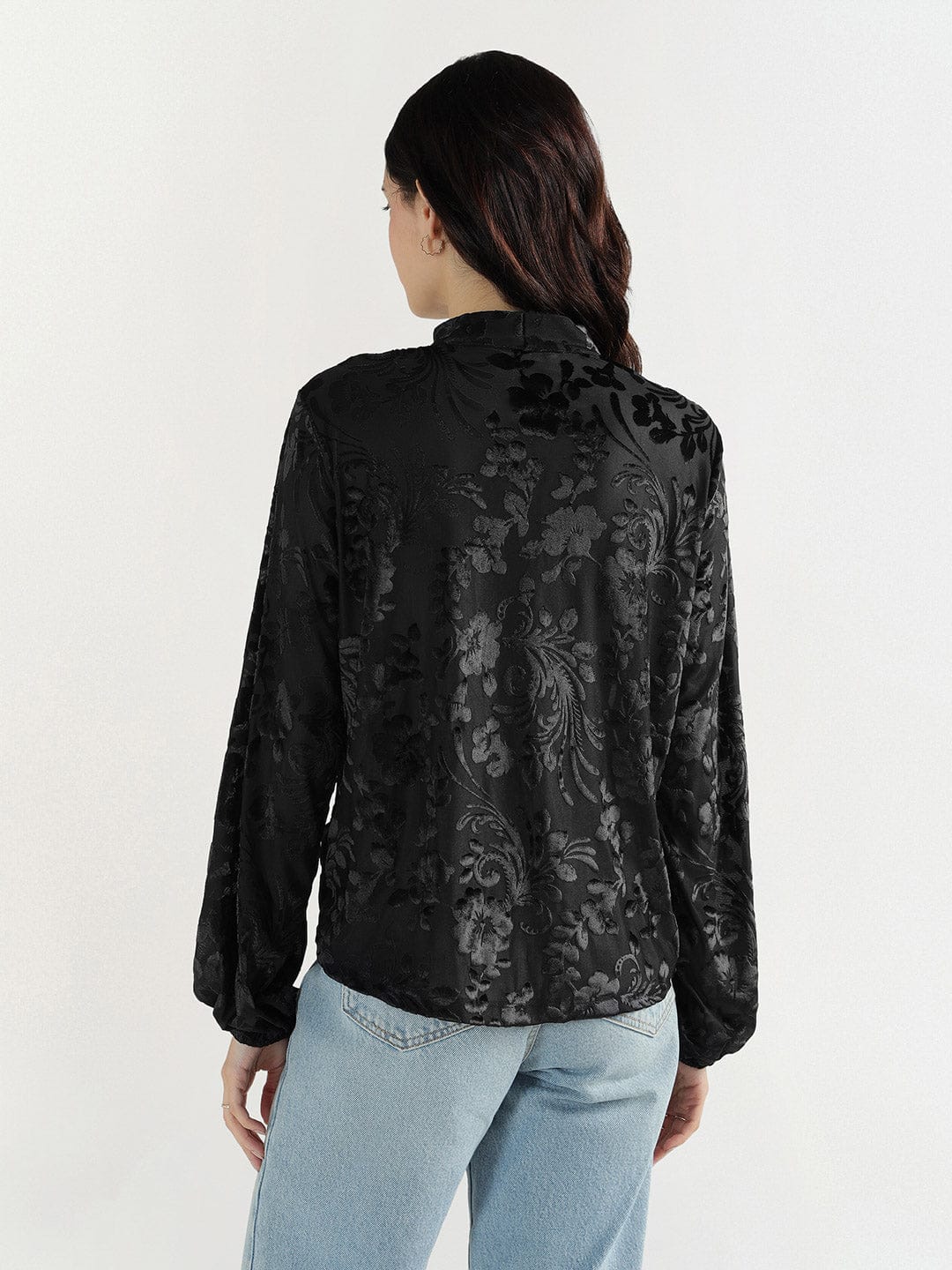 Elle Women Black Floral Round Neck Top