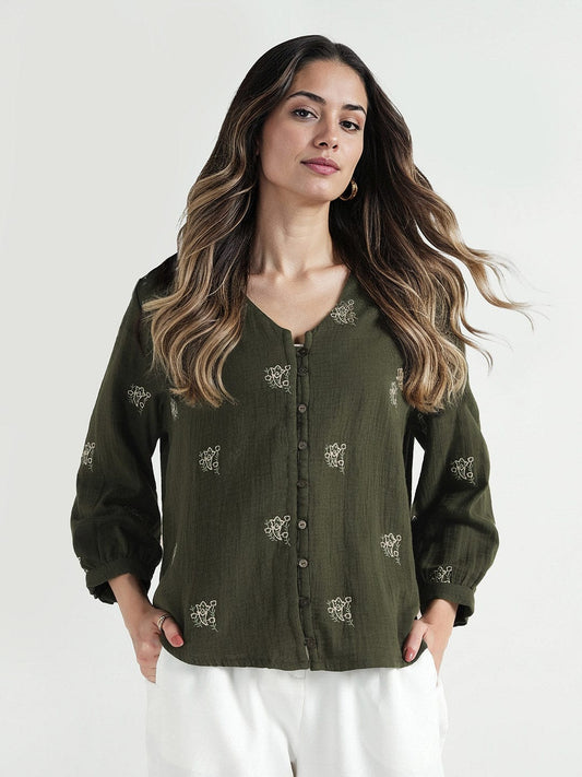 Elle Women Green Solid V Neck Top