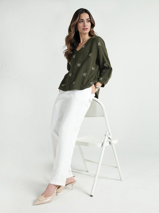 Elle Women Green Solid V Neck Top