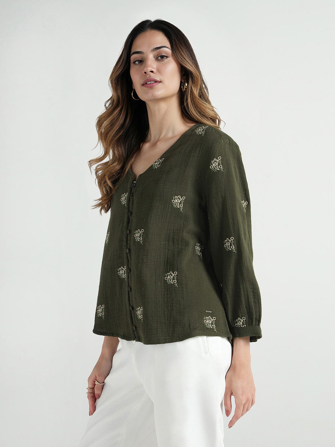 Elle Women Green Solid V Neck Top