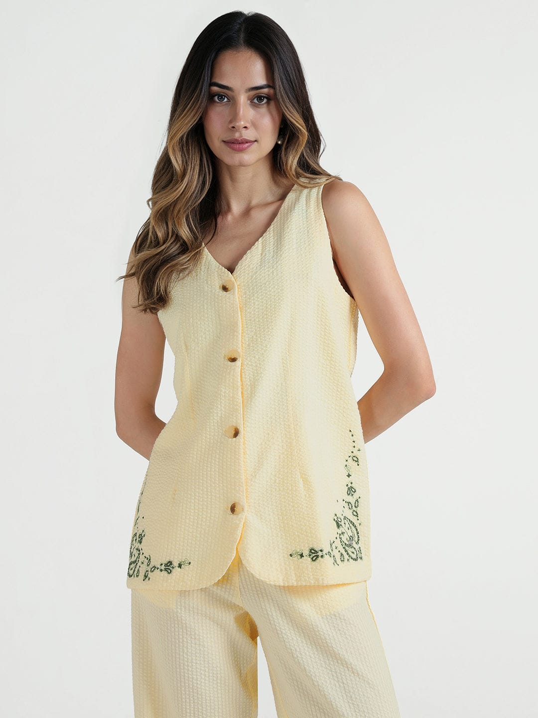 Elle Women Cream Embroidered V Neck Top