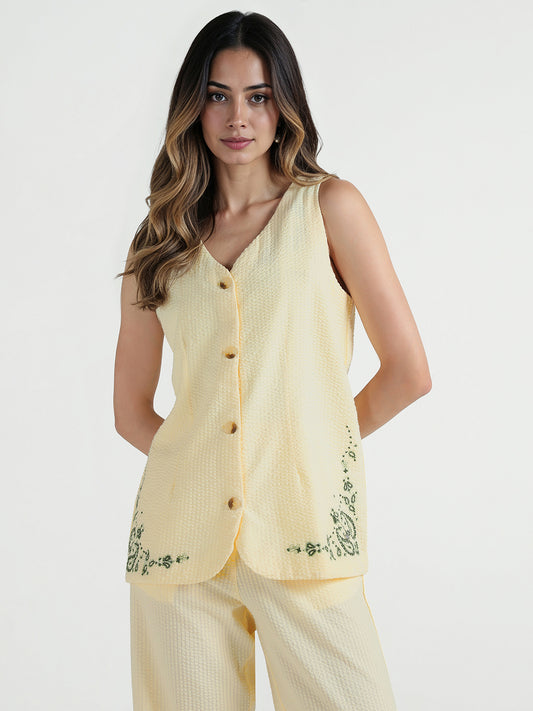 Elle Women Cream Embroidered V Neck Top