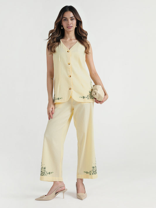 Elle Women Cream Embroidered V Neck Top