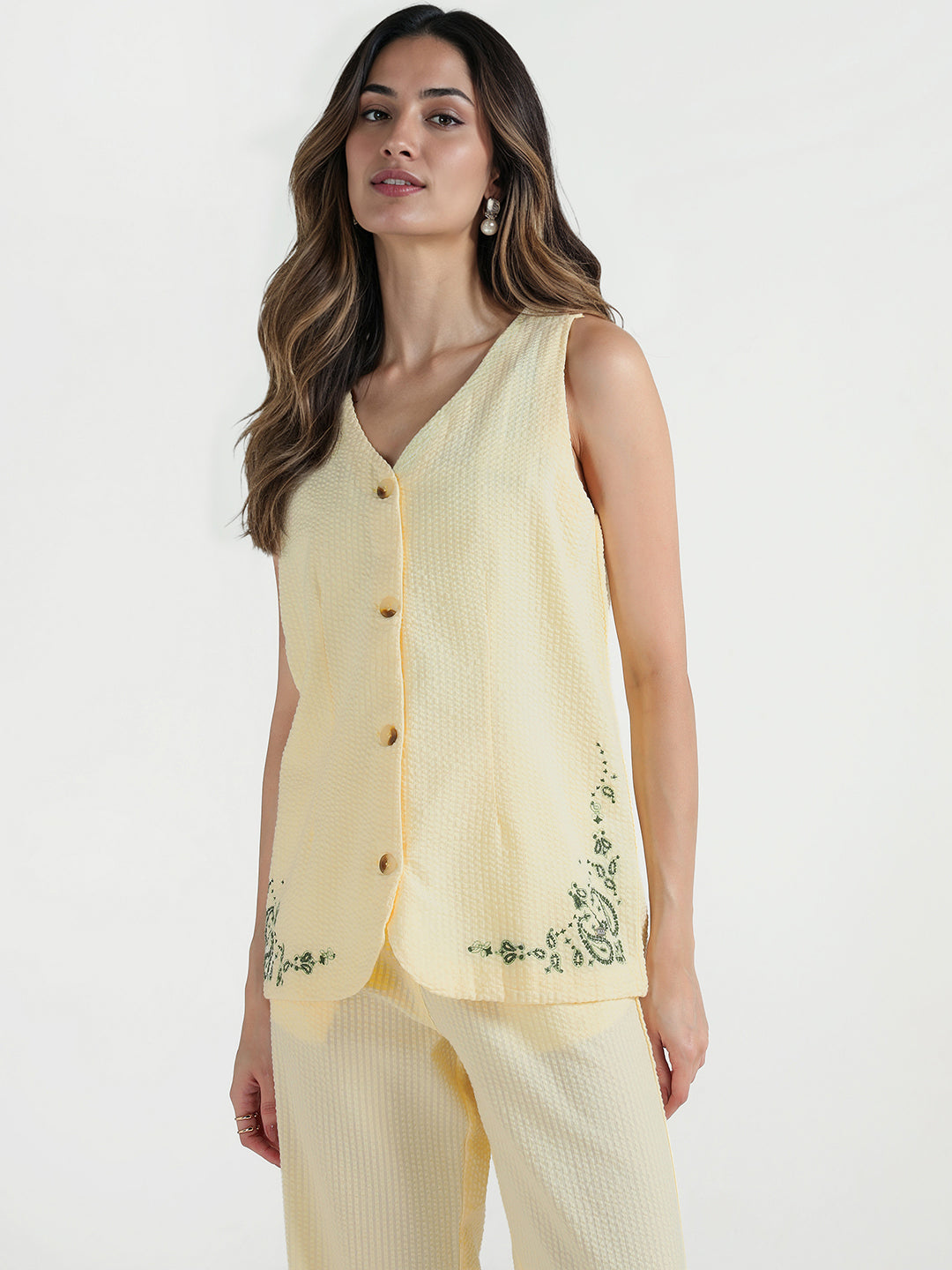 Elle Women Cream Embroidered V Neck Top