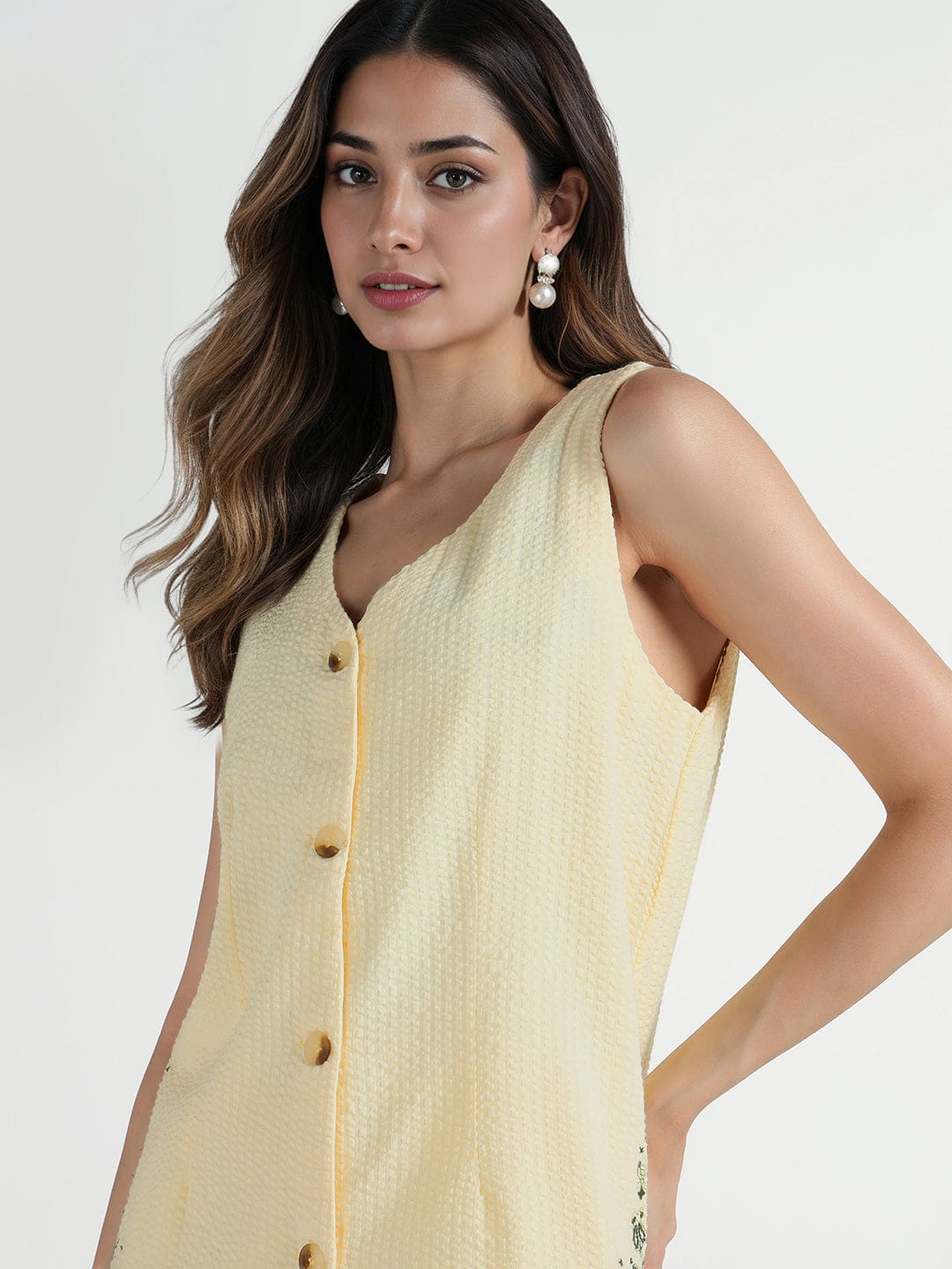 Elle Women Cream Embroidered V Neck Top