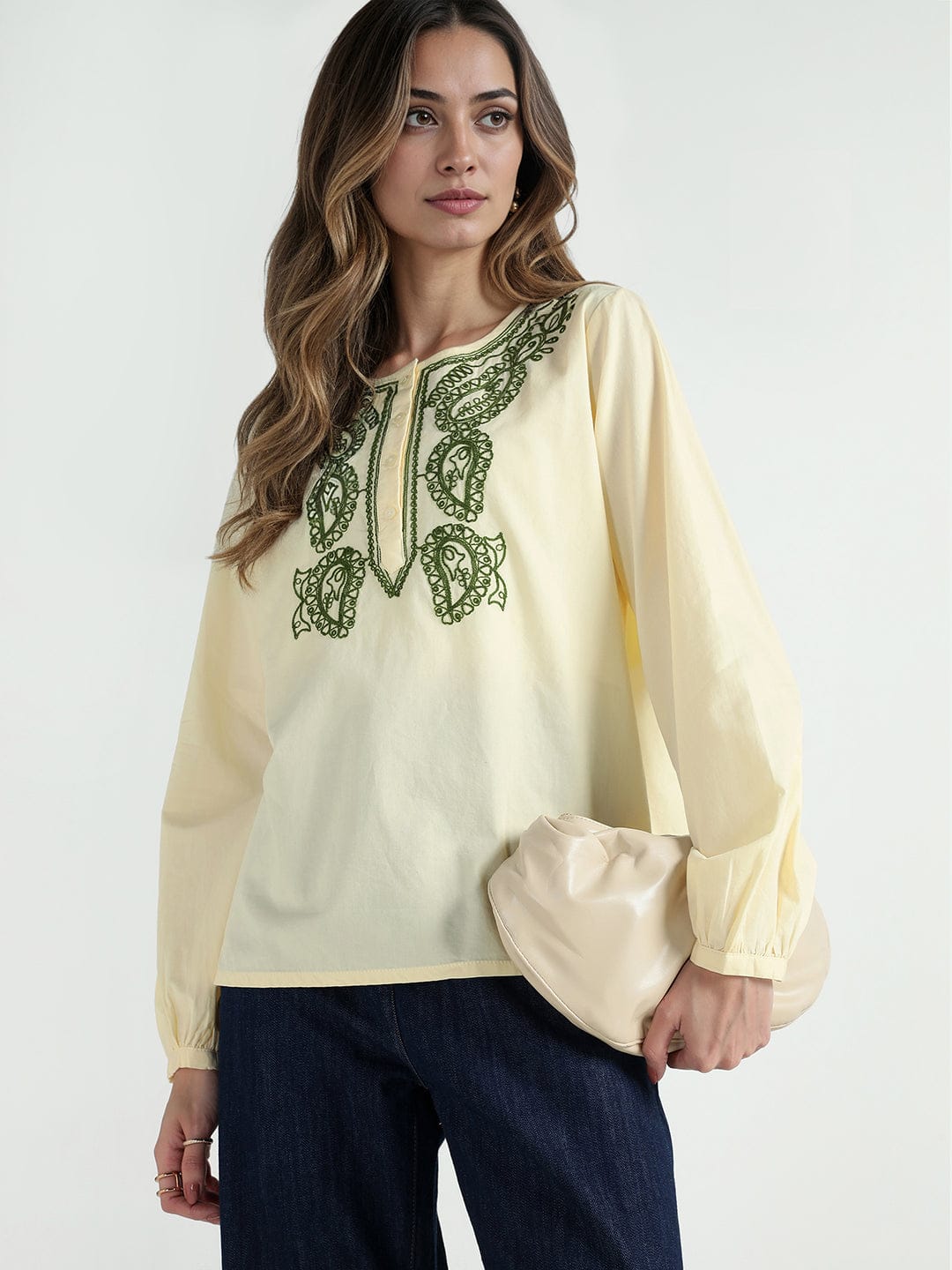 Elle Women Yellow Embroidered Round Neck Top
