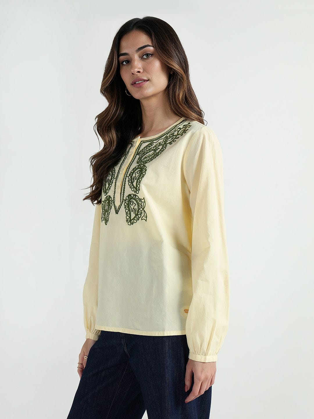 Elle Women Yellow Embroidered Round Neck Top
