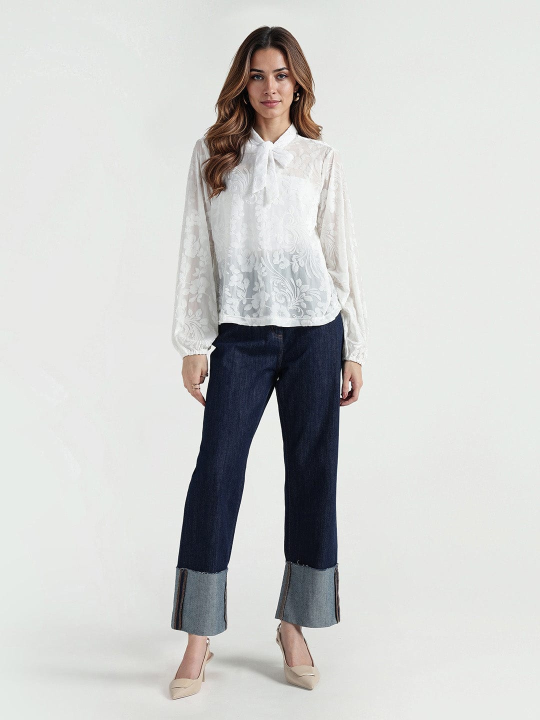 Elle Women White Floral Round Neck Top