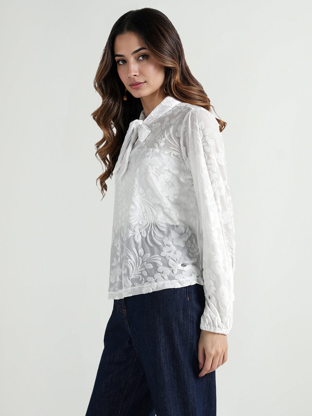 Elle Women White Floral Round Neck Top