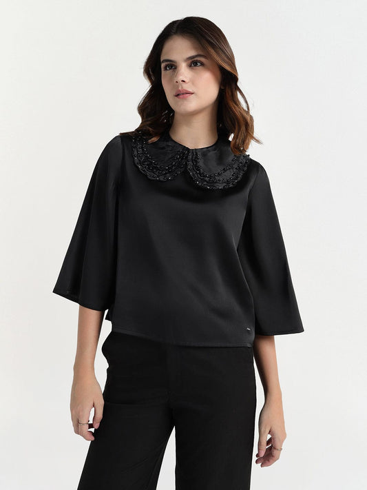Elle Women Black Solid Collar Top